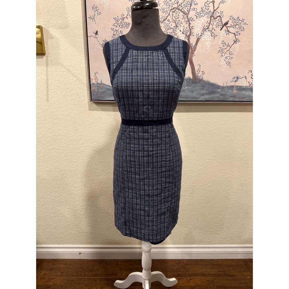 Talbots Blue White Tweed Sheath Dress‎ Cotton Linen Sleeveless Navy Trim Size 6